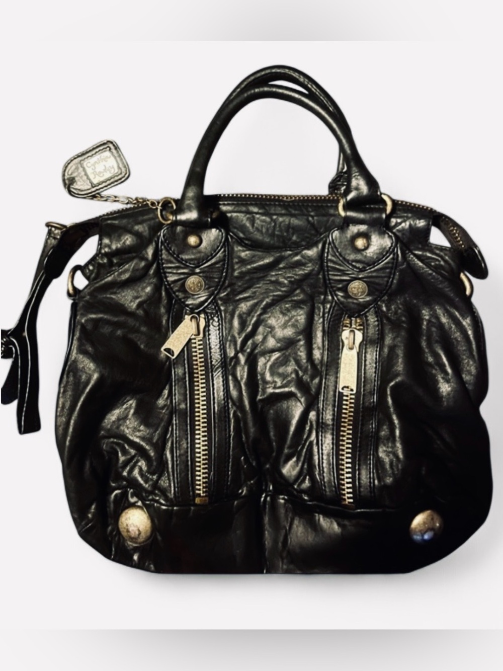 Cynthia Rowley Black Leather Moto Bag with Gold Accents